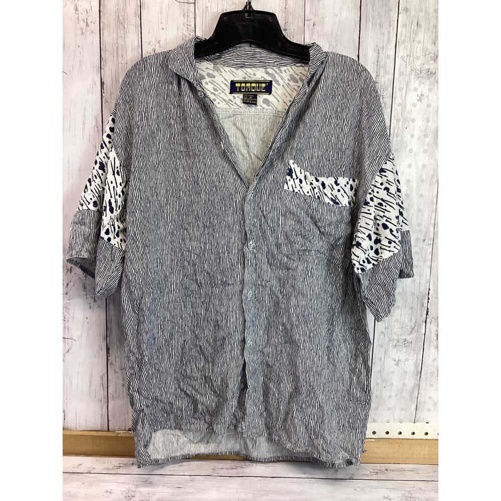 Torque Women Medium Gray White Button Up Short Sleeve Blouse with Collar